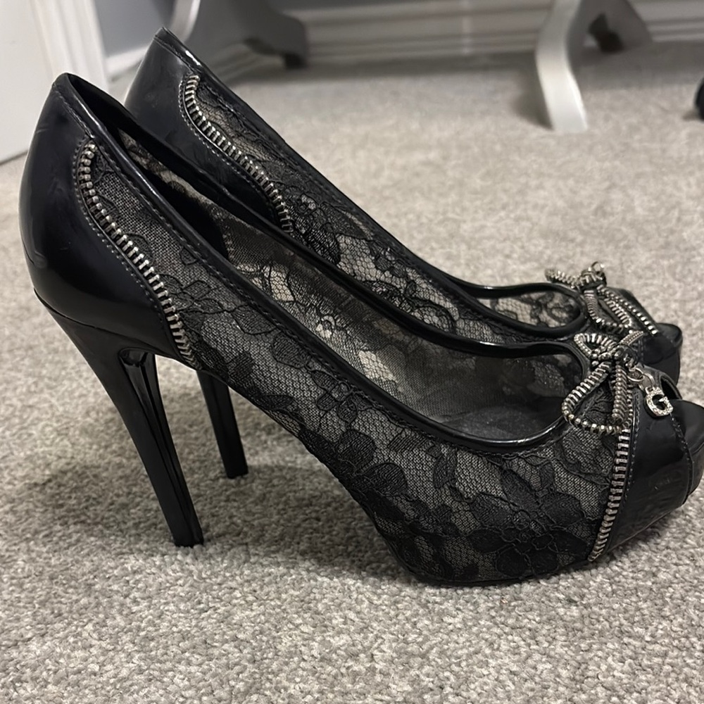 Guess Black Lace Peep-Toe Heels with Bow Detail